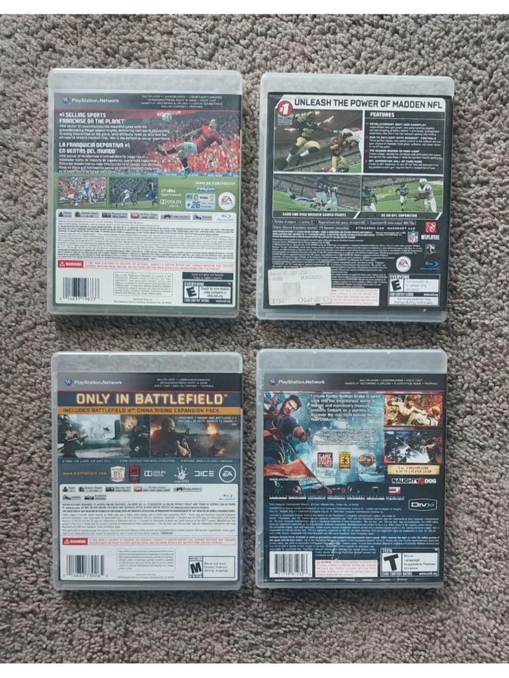 Playstation 3 Game Lot Madden 07 Battlefield 4 FIFA 12 Uncharted 2